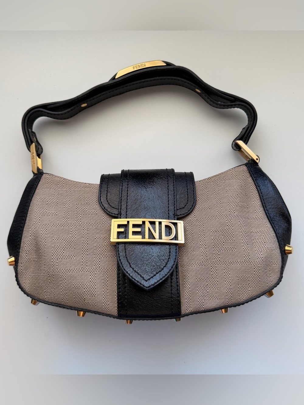 Fendi Zucca Black Shadow Leather Studded Shoulder Bag